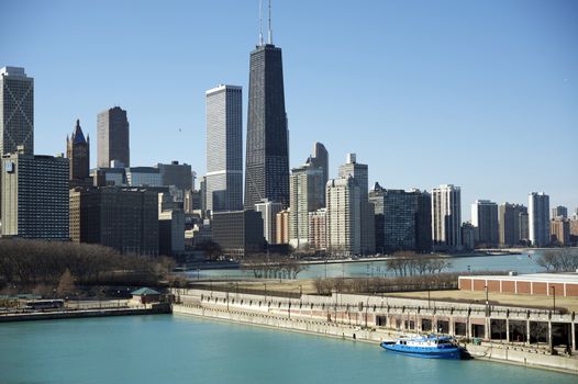 Chicago Lake Front - Clear Blue Sky. Early Spring 2012. Horizontal Panoramic Photography.