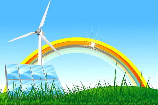Natural Energy Illustration with Rainbow, Solar Panels and Wind Turbine on the Meadow. This is not a Vector File