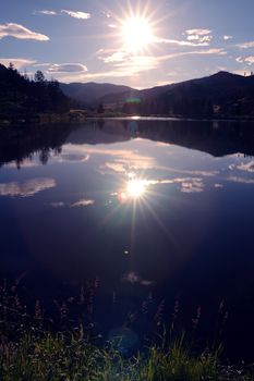 Lake Sunset. Fishing Lake in Colorado USA. Vertical Photo