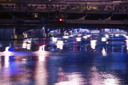 Chicago River at Night - Chicago Downtown Bridges. Franklin Street Bridge
