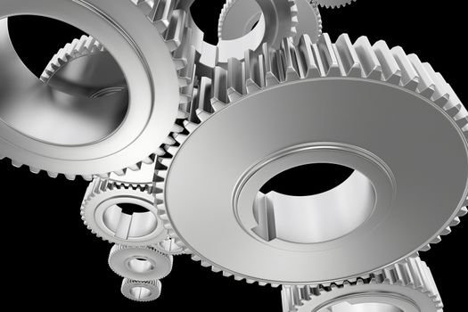 Steel Gears Background. Technology Background with Steel Cogwheels on Solid Black Background. 3D Rendered Illustration.