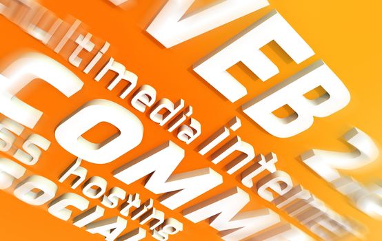 White WEB 2.0 3D Words on Orange Background. Words like: Web 2.0, Multimedia, Internet, Hosting, Social, Css. 3D Render Illustration