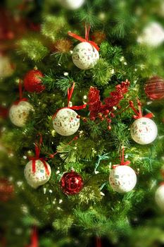 Christmas Background - Christmas Tree Ornaments Vertical Background with Blurred Edges. Seasonal Background