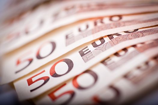 50 Euro Bills. Fifty Euros Bills in Macro Photography. 