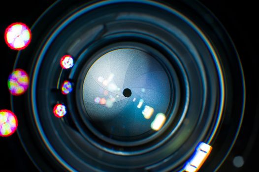 Lens Iris Closeup. Photography Theme. SLR Lens Interior Glasses and Iris ( Aperture ).