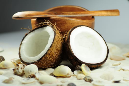 Fresh Coconut on Beach Sand. Shells Around and a Wood Bowl.