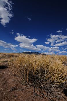 Colorado Plains During Summer. Dry Like Desert. Mountains on the Horizon. Dark Blue Cloudy Sky
