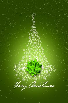 Green Christmas Design. Simple Creative Snowflakes Made Christmas Tree with Green Shiny Bow. Dark Green Background with Snow and Marry Christmas Wishes.