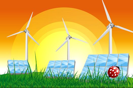 Wind Turbines Plantation.Green Energy Theme with Ladybug Wind Turbines and Solar Panels.