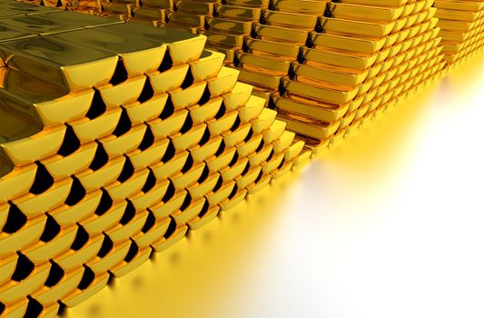 Piles of Gold Bars on Glassy Silver Floor. Great Copy Space. Gold Investing Theme. 3D Rendered Illustration.