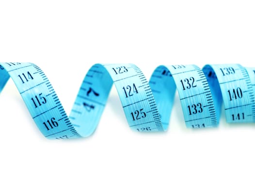 Blue Measure Tape on Solid White Background. Centimeters and Inches - Double Sided Measure Tape.