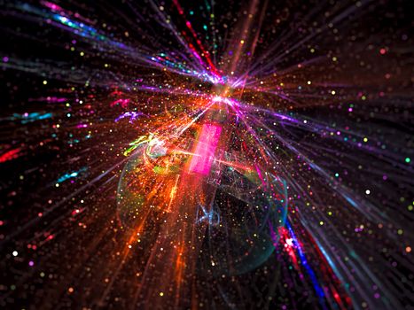 Blurred fractal background - abstract computer-generated image. Digital art: chaos lines with perspective and small bubbles bokeh. Backdrop for esoteric, sci-fi or technology design projects.