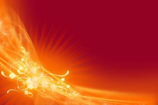 Glowing Ornaments - Dark Red Background with Orange-Yellow Glowing Rays and Glowing Floral Ornaments in Left Bottom Corner. Great Copy Space