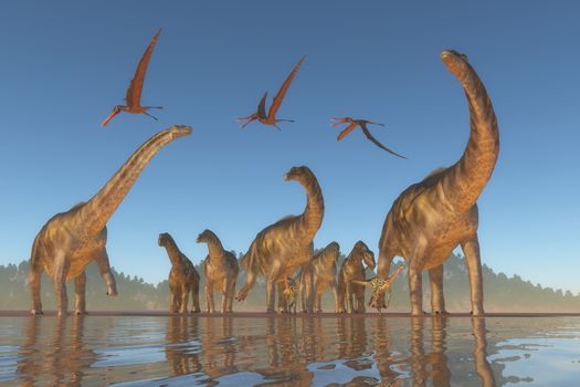 An Argentinosaurus and Deinocheirus herd gets upset when a flock of Anhanguera reptiles fly to close to them.