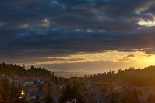Storm Clouds over Happy Valley Oregon residential suburban neighborhood during sunset