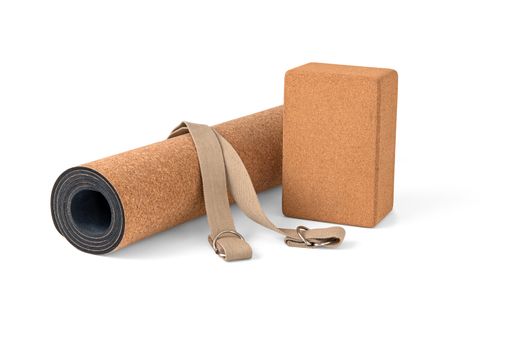 Cork Yoga Mat, Block With Strap, Premium Eco Friendly Product on White Background