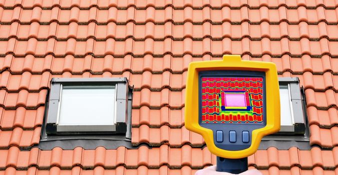 An infrared thermal imager showing roof window heat loss.