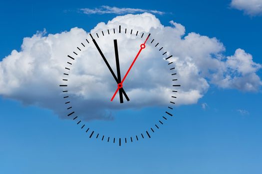 Clock, digits with a minute hand and a red second hand indicates the time 5 before 12. Copy space in front of sky and cloud background.