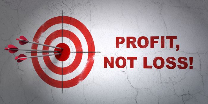 Success finance concept: arrows hitting the center of target, Red Profit, Not Loss! on wall background, 3D rendering