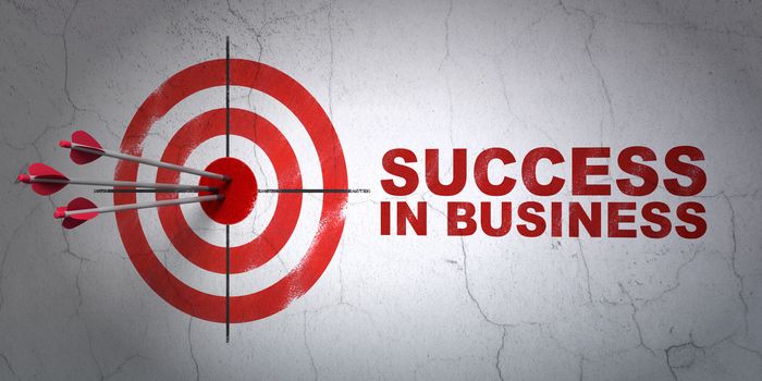 Success finance concept: arrows hitting the center of target, Red Success In business on wall background, 3D rendering