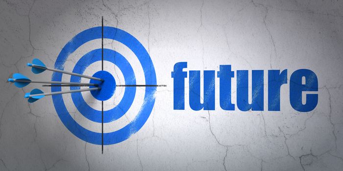 Success time concept: arrows hitting the center of target, Blue Future on wall background, 3D rendering