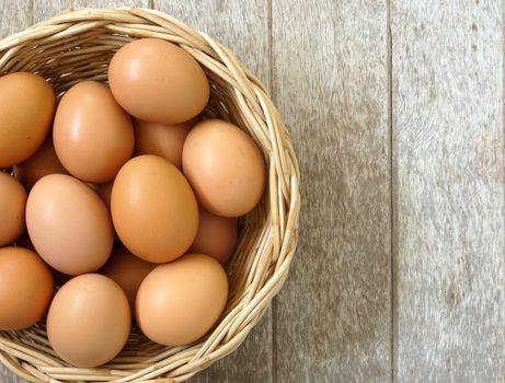 eggs in a basket on a wooden table