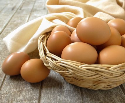 eggs in a basket on  wooden table