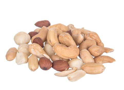 Salted cocktail nuts isolated on white background.