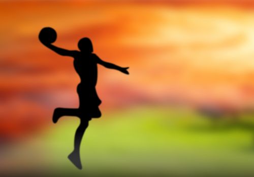 Silhouette basketball athletes are pretending slam the air.