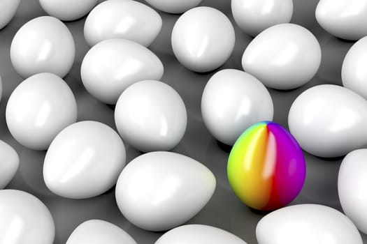 Concept image with one unique colorful egg among other white eggs