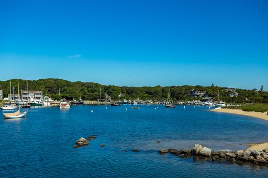 A view of Oak Bluffs Harbor on Martha's Vineyard Massachusetts from Vineyard Sound.