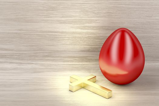 Glowing golden Christian cross and red egg