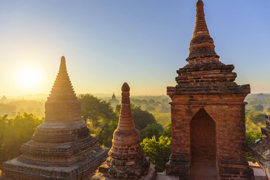 Scenic view of ancient Bagan temple during golden hour 