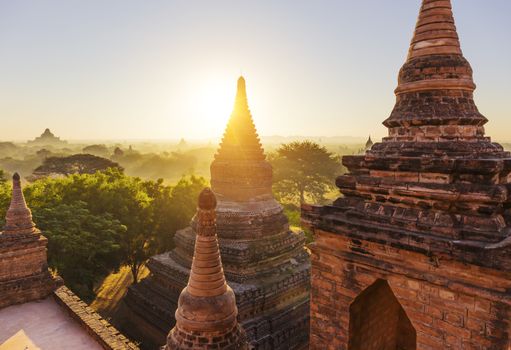 Scenic view of ancient Bagan temple during golden hour 