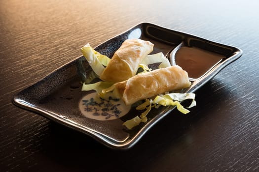 Fried spring rolls with vegetables, served on rectangular ceramic plate with dark background.