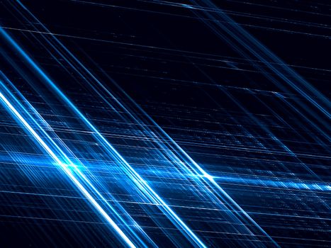 Striped technology or sci-fi background - abstract computer-generated image. Fractal art: diagonal glowind in dark chaos stripes. Backdrop for covers, web design, posters.