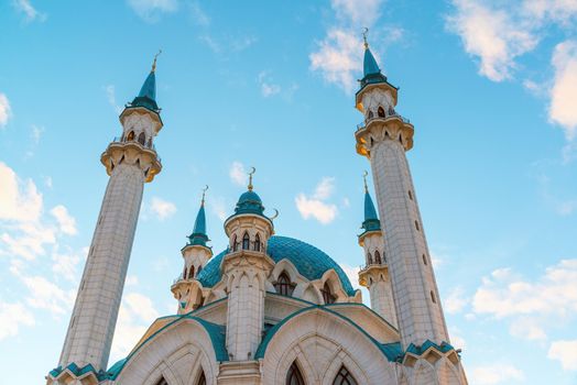 View of the minarets mosque Kul-Sharif at a sunset. Russia, Tatarstan