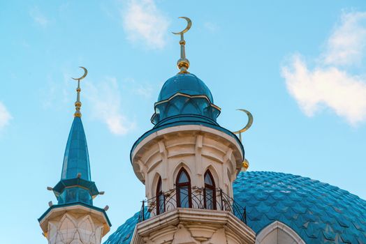 View of the minarets mosque Kul-Sharif at a sunset. Russia, Tatarstan