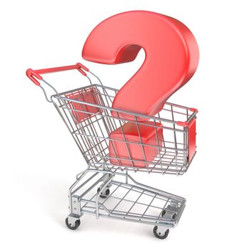 Red question mark inside shopping cart 3D render illustration isolated on white background