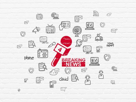 News concept: Painted red Breaking News And Microphone icon on White Brick wall background with  Hand Drawn News Icons