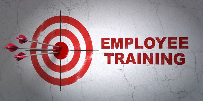 Success Education concept: arrows hitting the center of target, Red Employee Training on wall background, 3D rendering