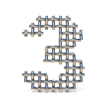 Metal wire mesh font Number 3 THREE 3D render illustration isolated on white background