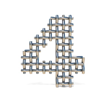 Metal wire mesh font Number 4 FOUR 3D render illustration isolated on white background