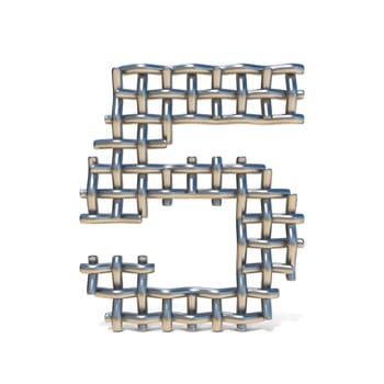 Metal wire mesh font Number 5 FIVE 3D render illustration isolated on white background