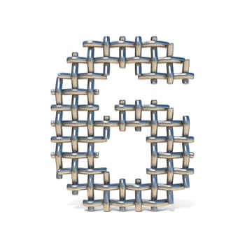 Metal wire mesh font Number 6 SIX 3D render illustration isolated on white background
