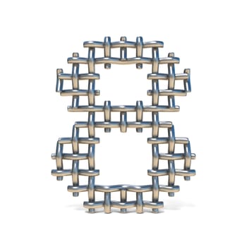 Metal wire mesh font Number 8 EIGHT3D render illustration isolated on white background