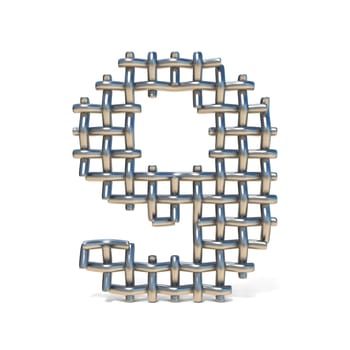 Metal wire mesh font Number 9 NINE 3D render illustration isolated on white background
