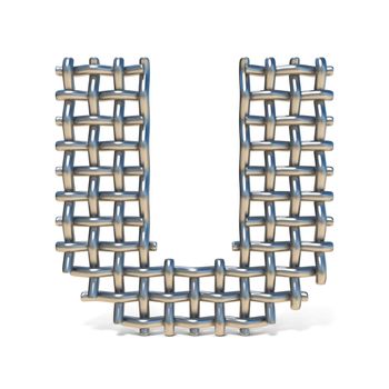 Metal wire mesh font LETTER U 3D render illustration isolated on white background