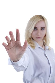 Woman shows a rotational motion of a hand on a white background