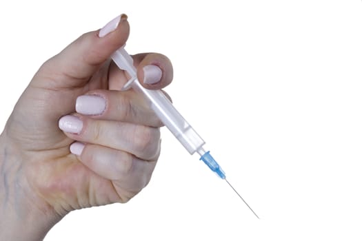 Female hand with syringe on a white background